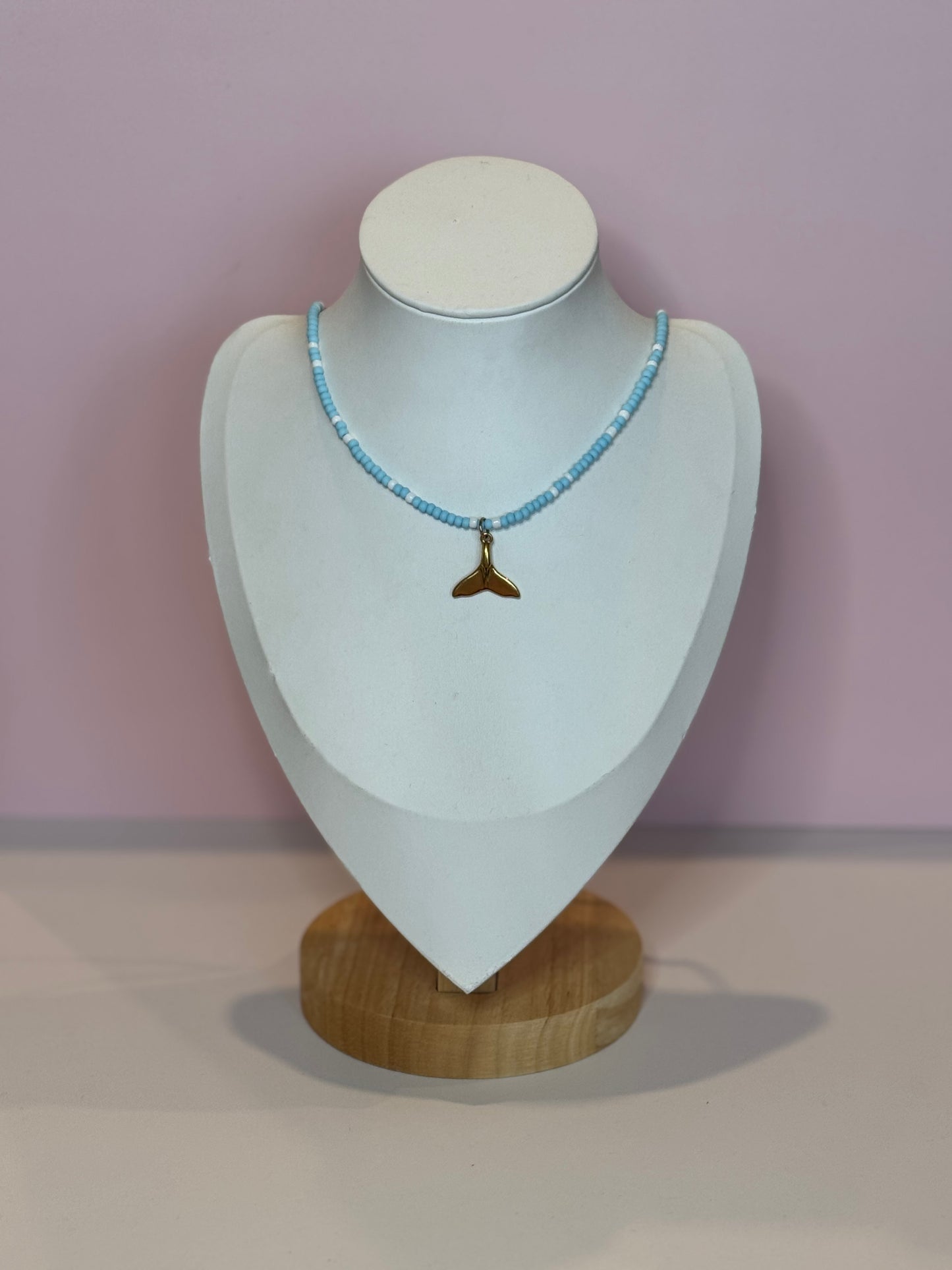 Dainty Aqua Beaded Whale Tail Necklace