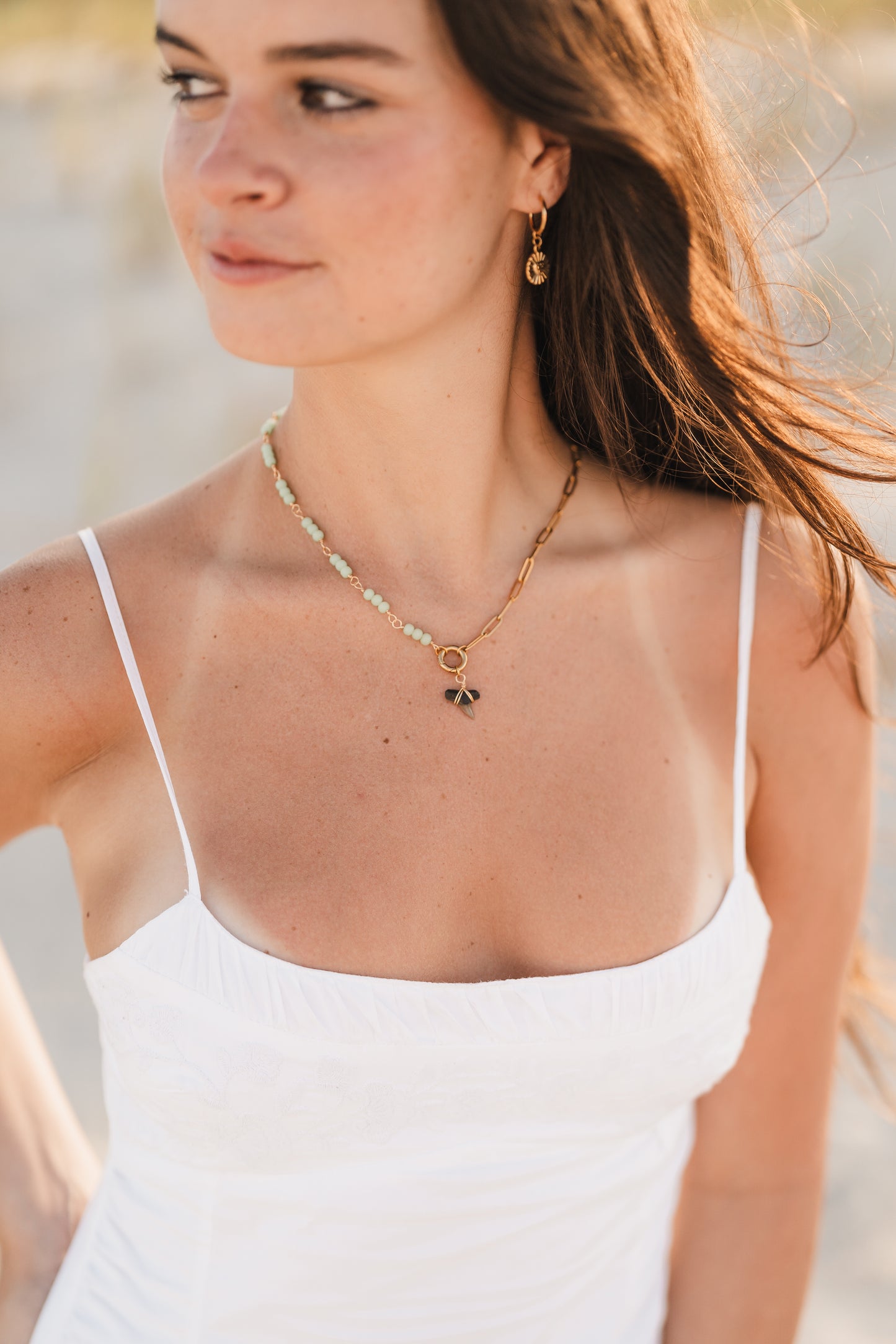 Renee | Waterproof Beaded Shark Tooth Split Chain Necklace