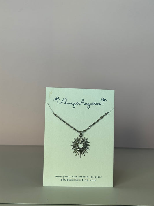 Stainless Steel Sunburst Heart Necklace