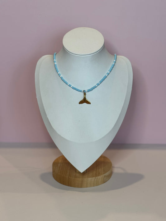 Dainty Aqua Beaded Whale Tail Necklace