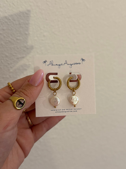 Freshwater Coin Pearl Textured Huggie Hoops