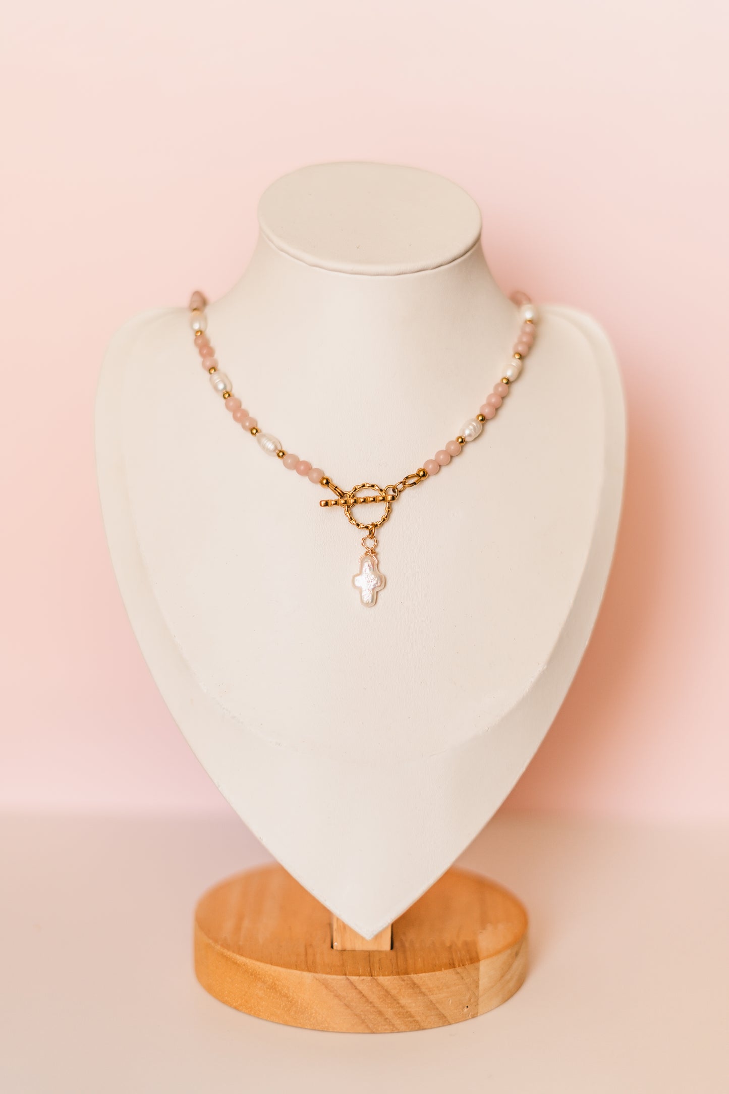 Dorothea | Pink Opal & Pearl Cross Necklace - Create Your Sunshine